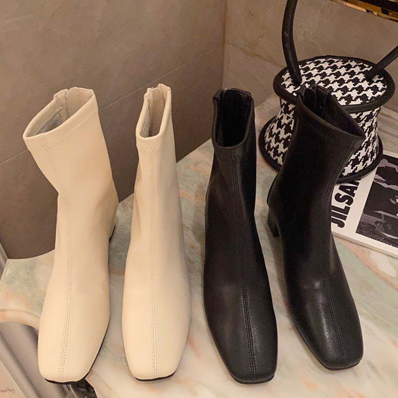 

2020 Elegant Women Beige Thick High Heels Ankle Boots Designer Soft Leather Zippers Sock Boots Vintage Lady Low Heel Shoes, Black