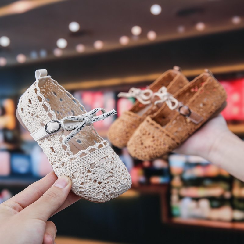 

Children's woven shoes 2020 new fashion spring and autumn bowknot breathable soft bottom flat shoes girls sandals baby, Khaki