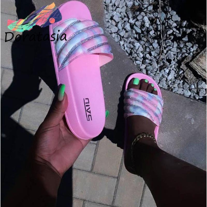

DORATASIA Women Open Toe Beach Fashion Shoes Crystal Leisure Slippers Women Casual Daily Multicolor Summer Slippers, Pink