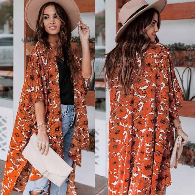 

Sexy Women Flower Print Chiffon Beachwear loose Beach Cover Ups Long Cardigan Blouse loose Beach Cover Ups for women, Orange