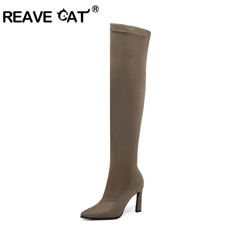 

REAVE CAT 2020 kid suede Over the knee boots high heels stiletto stretched long thigh high booties lady autumn slip on shoes, Black