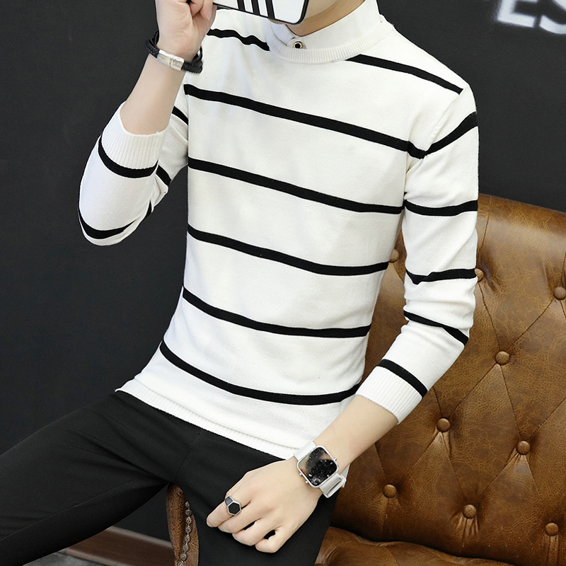 

New Style Fashion Stripes Crew Neck Sweater Men Slim Fit Sweater Autumn And Winter Men's Korean-style Yarn Base Shirt, White
