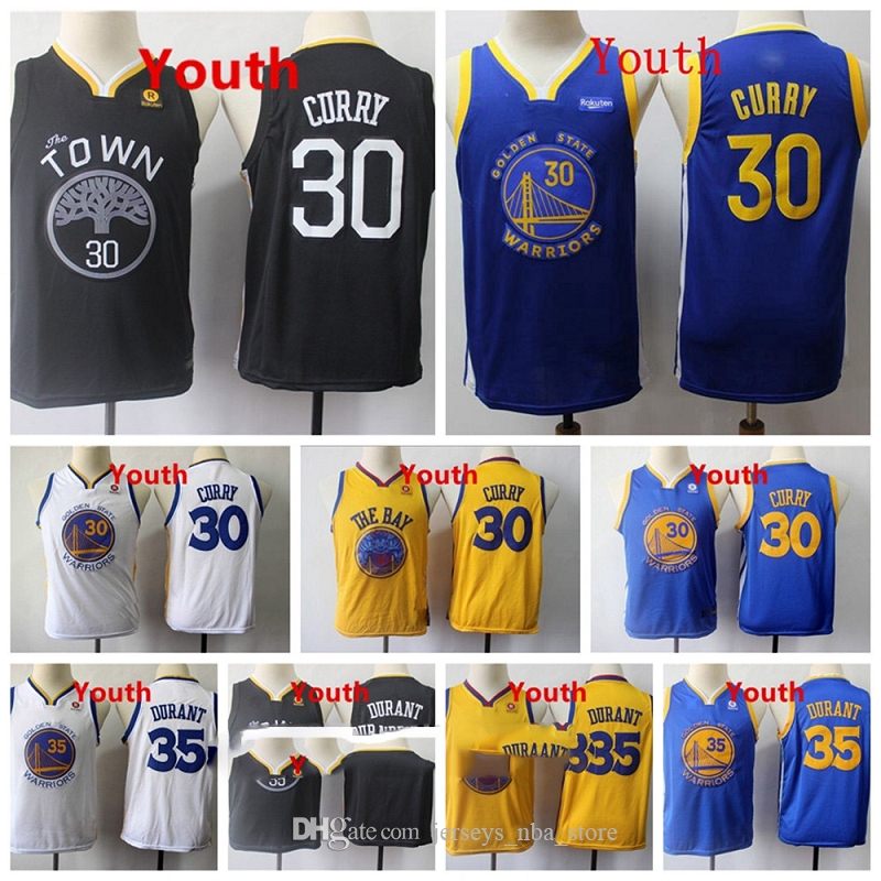 

Kids Stephen 30 Curry Golden State Warriors Jersey Authentic Stitched 35 Kevin Durant Black Blue Vintage Youth Basketball Jerseys, Color1