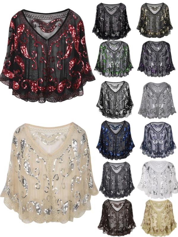 

Women Scarves 1920s Flapper Embroidery Fringe Shawl Cover Up Gatsby Party Beaded Sequin Cape Vintage Mesh Scarf Wraps for Dress