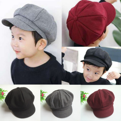 

Korean Children's Beret Woolen Hats Wild Boys And Girls Octagonal Cap Hats Baby Painter, Black