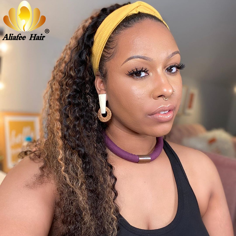 

Aliafee Highlight Kinky Curly Wig Headband Wig Glueless Human Hair Hair Band Real Hairline Remy Brazilian For Women, Natural color