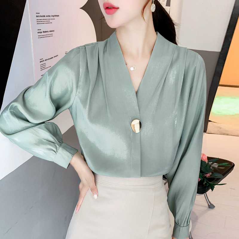 

Women Blouses 2020 Autumn Long Sleeve Women Shirts Fashion V-neck Office Ladies Tops Solid Chiffon Blouse Tops Blusas B734, Green