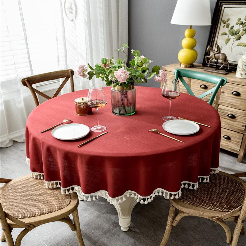 

Home decor Solid color Cotton linen embroidery lacetassel round Tablecloth Waterproof kitchen dining Table colth Cover Washable, Lace-red