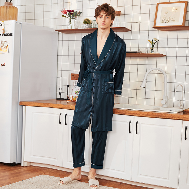 

imitated silk pajamas for men Navy Blue stripe stain robe full length pants Leisure Time Spa Negligee Sleepwear male bathrobe, Dark blue