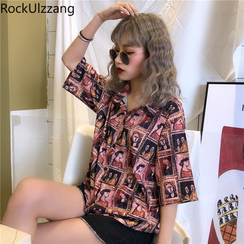 

Harajuku Dark Character Print Short Sleeve Button Outfit Women Blouse Korean Streetwear Loose Shirt Top Vintage Summer Blusas, As photo