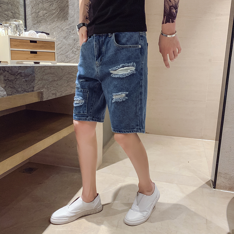 

Japanese Retro Literary Style Teen Street Brokean Hole Denim Shorts Fashion Wild Mens Jeans High Quality, Blue