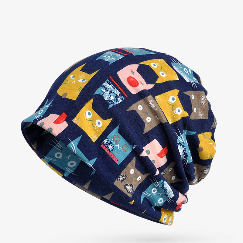 

Autumn Winter Skullies Beanie Caps Turban Hat Women's Fashion Cute Cats Print Scarf Female Neck Scarf Hat Dual-use knit hats, White