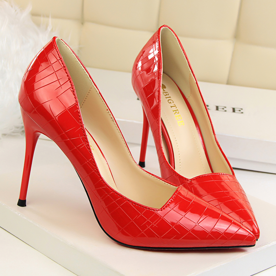 

2021 New Women Pumps Black High heels 9.5cm Lady Patent leather Thick with Autumn Pointed Single Shoes Female Sandals Big 33-43, Champagne