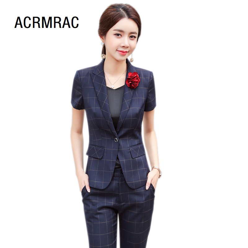 

Women suits Slim summer Short sleeve Plaid jacket Pants 2-piece set Women pants suits Woman set 1309, Blue jacket skirt