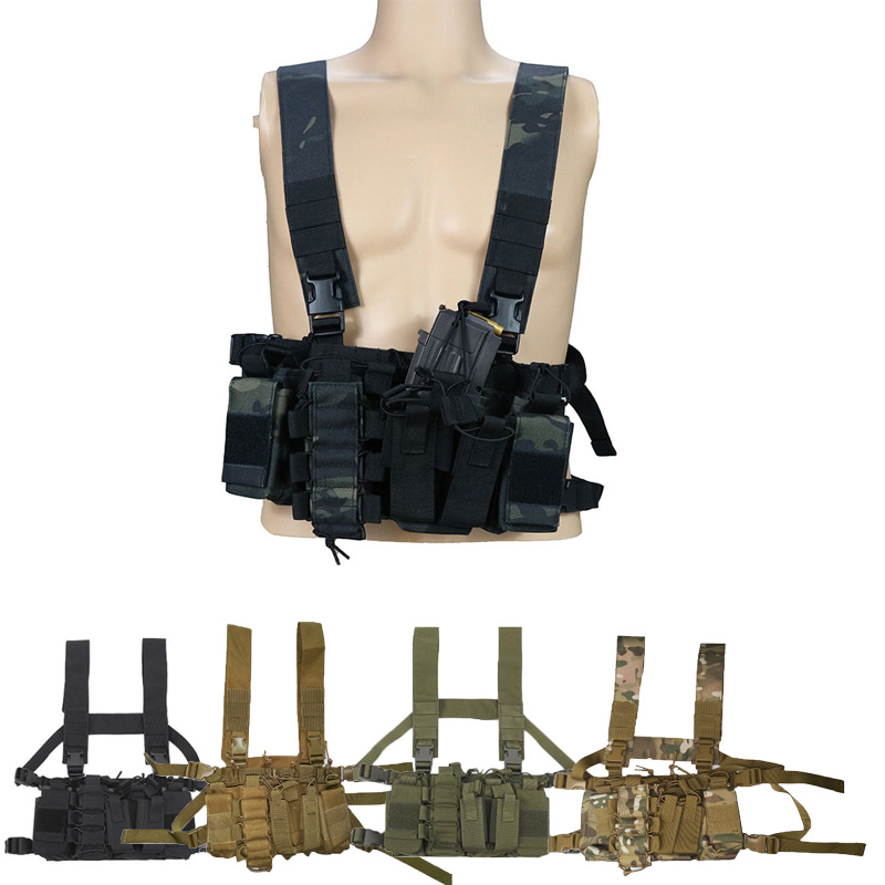 

Multicam Tactical Molle Vest Ammo Chest Rig Bag Removable Hunting Paintball Gear Vest With Radio AK Magazine Mag Pouch, Black