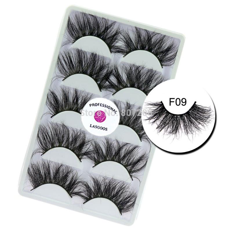 

LASGOOS 5 Pairs 25mm Lashes Strip 5D Mink Hair Lash Thick Dramatic Style Long Length Cruelty-free Reusable False Eyelashes F09