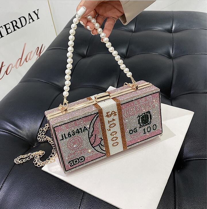 

Factory wholesale women bag sweet and lovely Pearl womens chain bags handmade diamonds dinner handbag trend color diamond messenger handbags, Pink(boutique box)