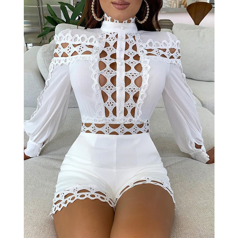 

New Fashion Sexy Women Jumpsuit Stand Collar Lattice Design Hollow Out Romper, A1