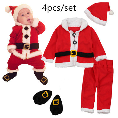

Infant Kids Christmas Costume Santa Claus Long Sleeve Tops+Pants+Hat+Socking New High Quality 4PCS Baby Boy Baby Girl Set