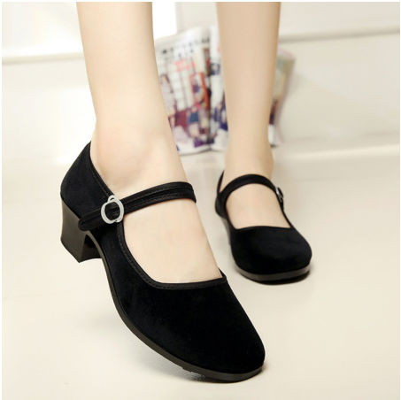 

2020 Spring Women's Pumps Ladies Med Thick Heels Flock Women Buckle Straps Woman Comfortable Shoes Female Casual, Black