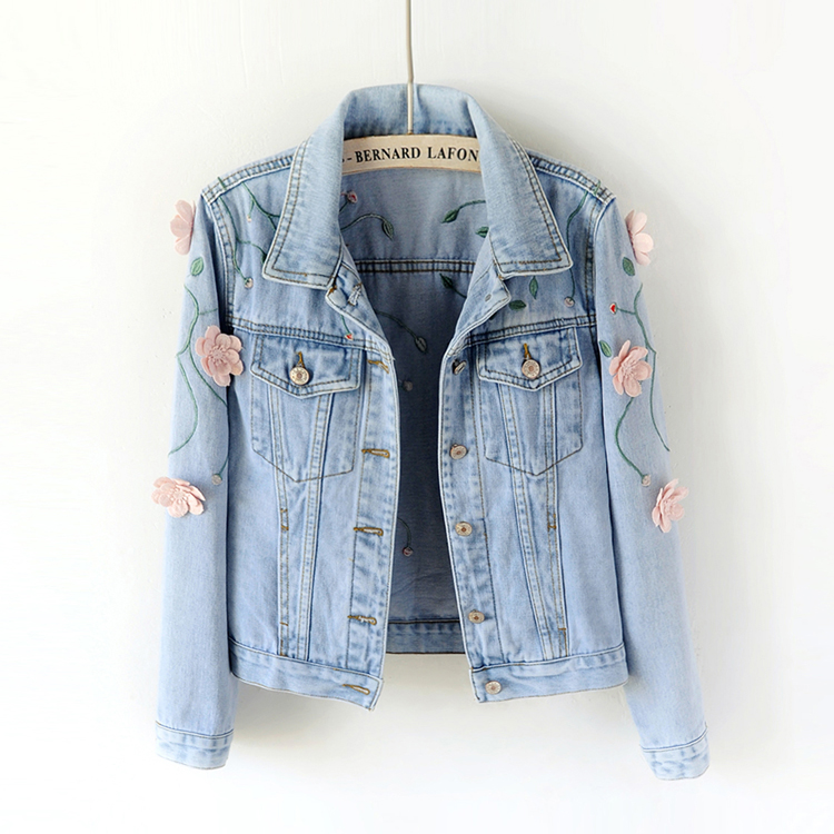 

Heavy Embroidery Embroidered Denim Jacket Female Long-sleeved Korean Version Of The Slim Slimming Short Embroidered Jacket Tide, Light blue