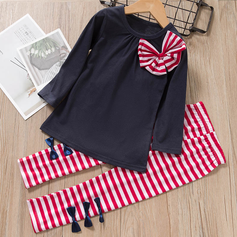 

Girls Clothes Children Clothing Set 2020 New Long Sleeve Bow Shirts Striped Leggings Spring Autumn 3 4 5 6 7 Year Kids Suits, Az1788 pink