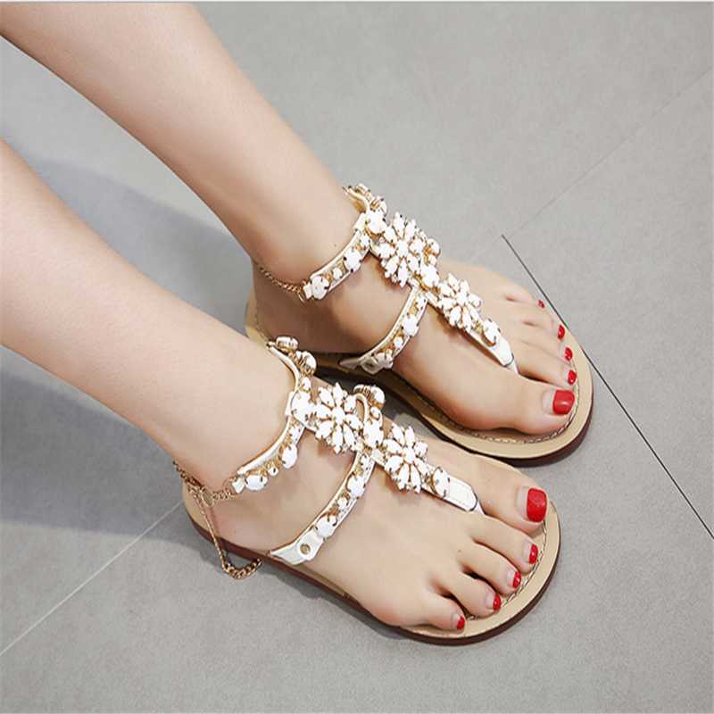 

Women Rhinestones Chains Thong Gladiator Flat Sandals Casual Beach Flip Flops Sandal Shoes for Woman Summer boho Shoes, Black