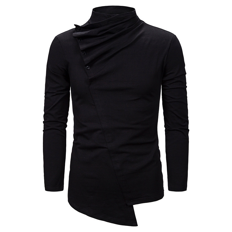 

Men' Fashion Pile Collar Diagonal Button Design Irregular Cut Slim Fit Long Sleeve T-shirt, Black