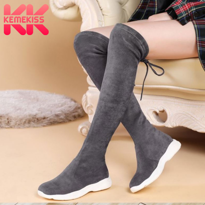 

KemeKiss Size 28-39 Ladies Over The Knee Boots Winter Cross Strap Thick Sole Slip On Long Boots Fashion Comfortable Shoes Woman, Black with fur