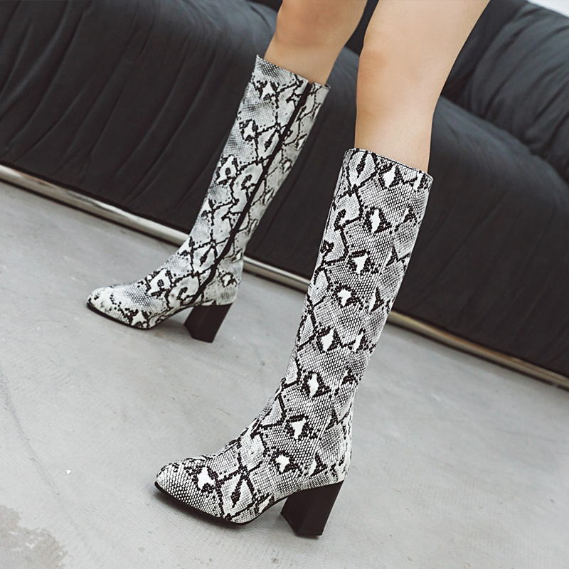 

AIWEIYi Fashion High Heels Women Knee High Boots Snake Soft Pu Leather Office Lady Dress Shoes Autumn Winter Boots Woman 34-43, Black