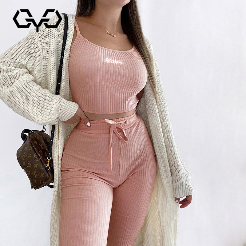 

QYQ Ribbed Knit Two Piece Set Top And Pants High Waist Party Clubwear Wide Leg Cotton Sexy Matching Outfit Booty Egirl Aesthetic, Pink