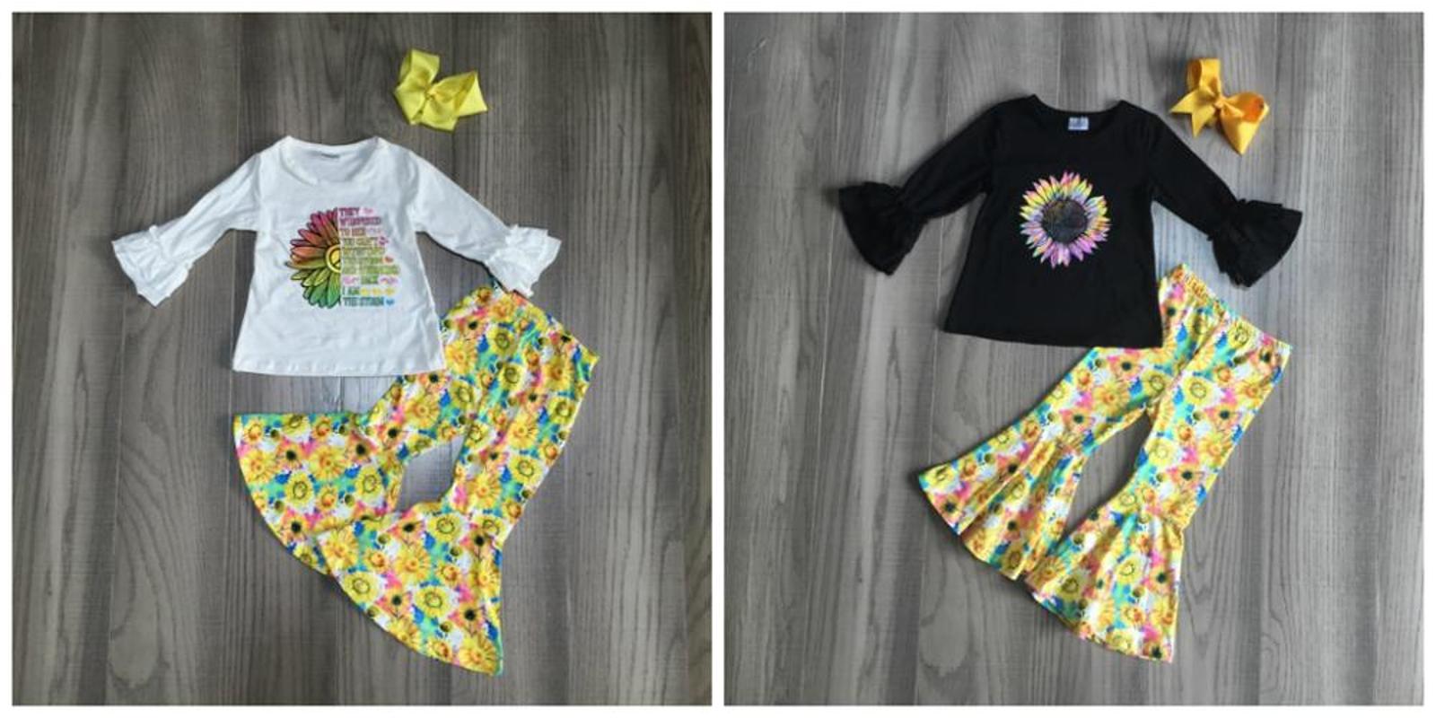 

Girlymax fall/Winter baby girls outfits bell-bottoms pants sunflower children clothes ruffle boutique kids wear cotton match bow, H10-01-02