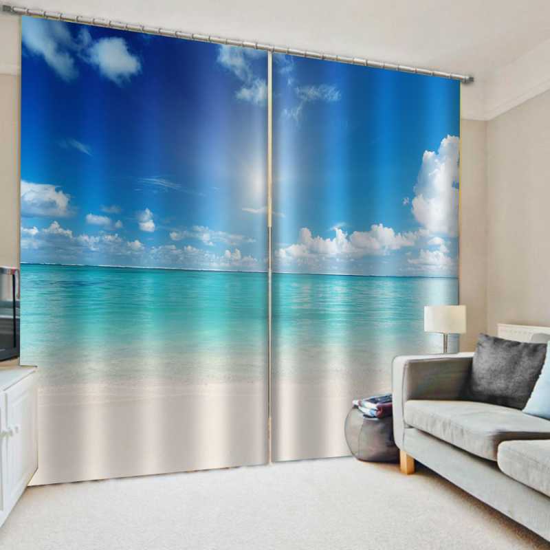

blue beach curtains nature scenery curtain Bedroom living room windproof thickening blackout fabric, As pic