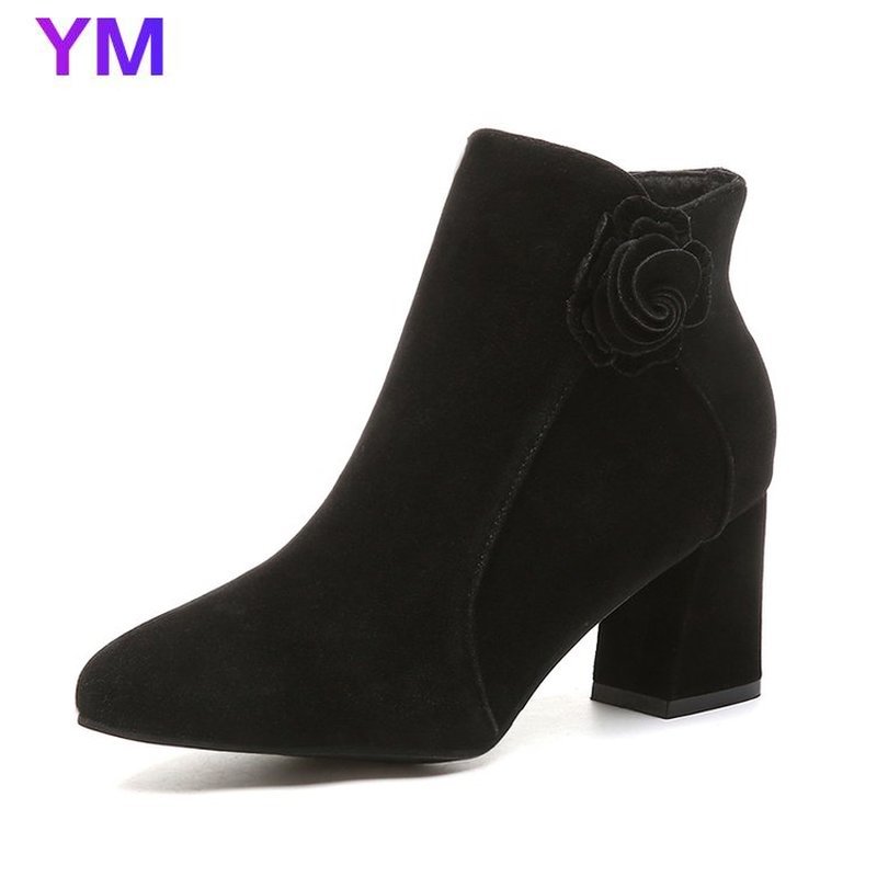 

2020 Autumn Winter Thick Heel Side Zipper Short Boots Flower Suede Fashion Boots Female High Heel Pointed Short Tube Boot, Black