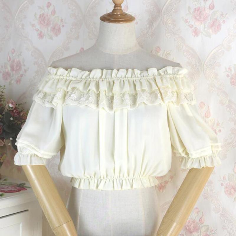 

Women Retro Renaissance Top Sexy Off the Shoulder Short Sleeve Lace Victorian Vintage Steampunk Blouse Lolita Shirt Female, White blouse