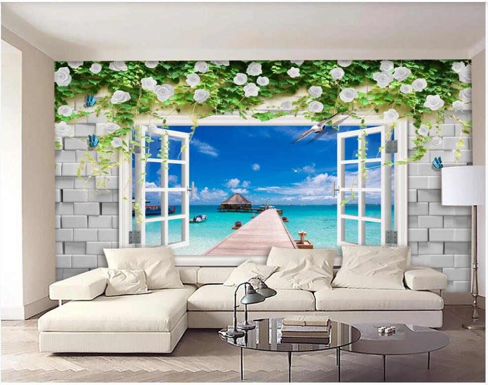 

3d photo wallpaper custom mural Brick wall window vine rose sea view background living room home decor wallpaper for walls in rolls, Non-woven wallpaper