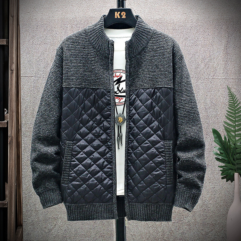 

2020 Men Mandarin Collar Cotton Coat Patchwork Autumn Winter Warm Thick Zipper Clothes Knitted Casual Male Cardigan Pull Homme, Black