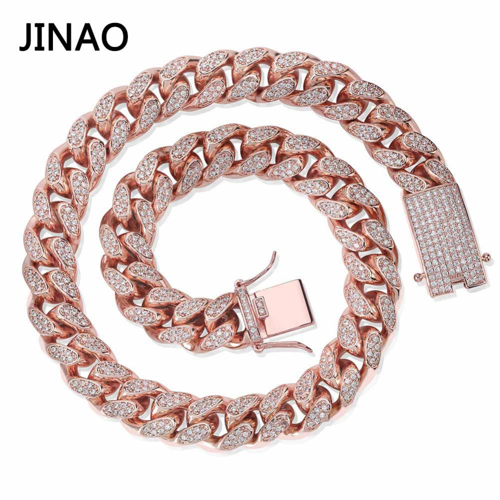 

JINAO 14mm Iced Out Chain Zircon Miami Men Cuban Link Necklace Copper Choker Bling Hip Hop Jewelry Gold Rosegold 16-30'', Silver