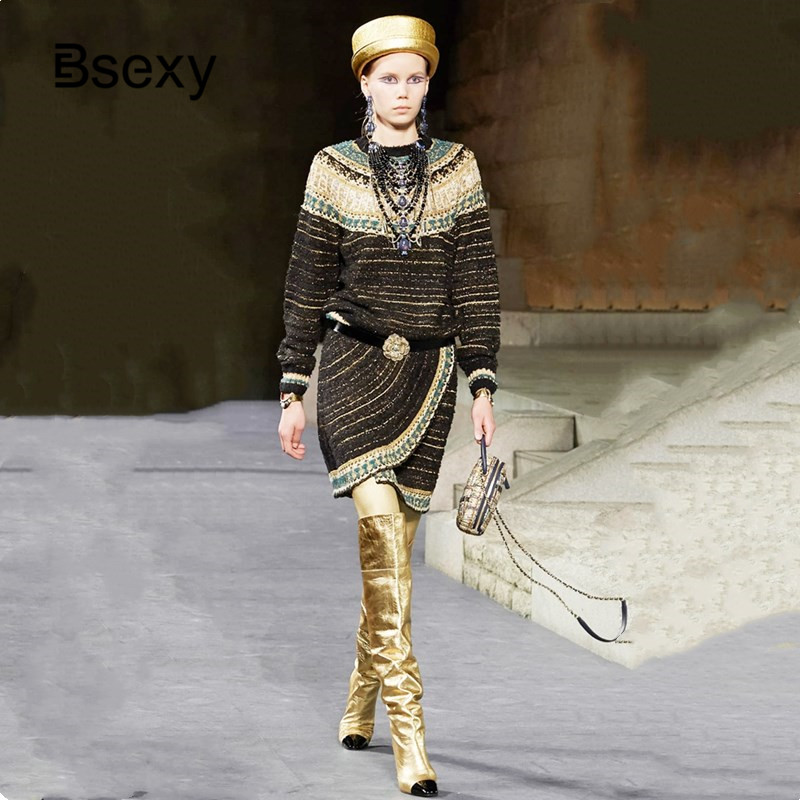 

Runway Women' sweater sets 2020 Autumn Lurex Striped Loose Pullver Sweater + High Waist Mini Knitted skirt Women 2 piece Set