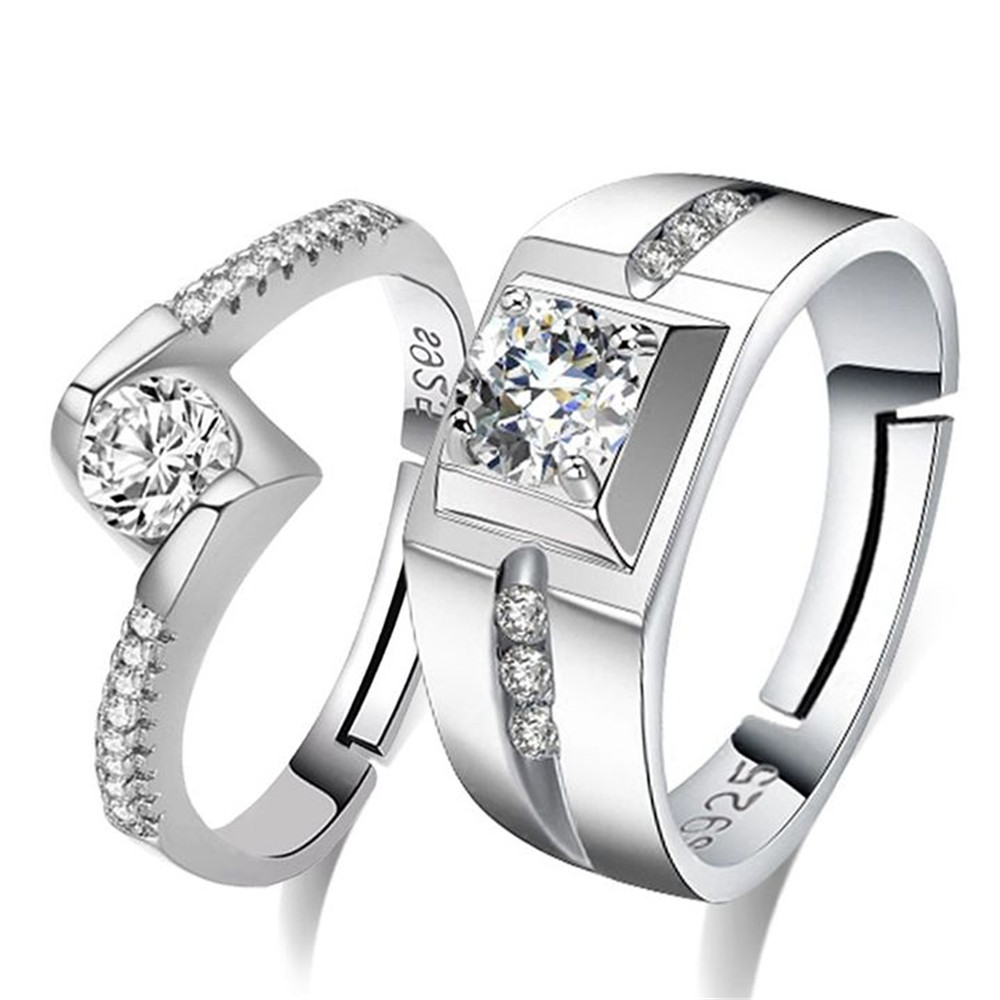 

S925 Sterling Silver Promise Rings For Couples Lovers Resizable Zirconia Wedding Party Jewelry Anniversary Gift WH85