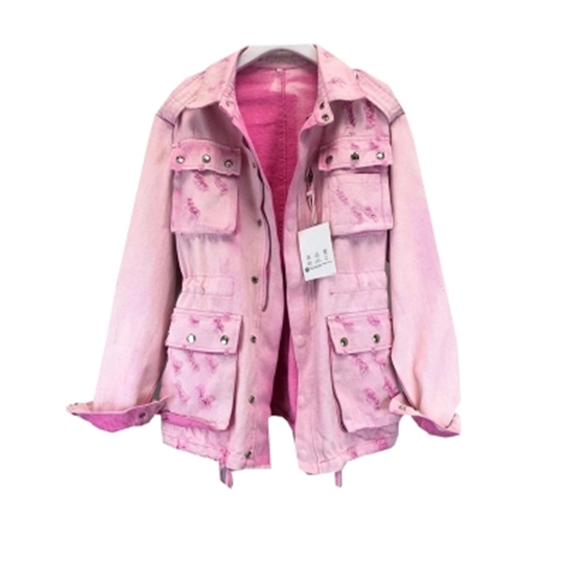 

2020 Fashion Spring Autumn New High quality Temperament Pink Washed Hole Denim Slim Waist Long Sleeve Jacket Female Tide H001