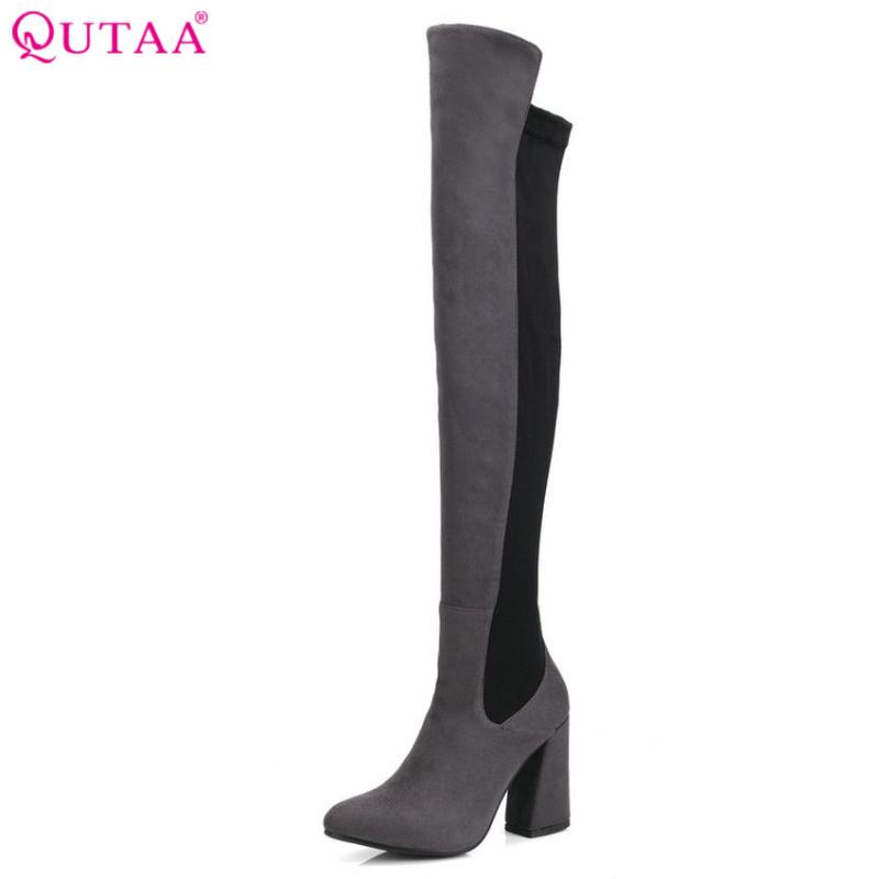 

QUTAA 2020 Mixd Color Women Over The Knee High Boots Platform Square High Heel Pointed Toe Winter Shoes Women Boots Size 34-43, Black