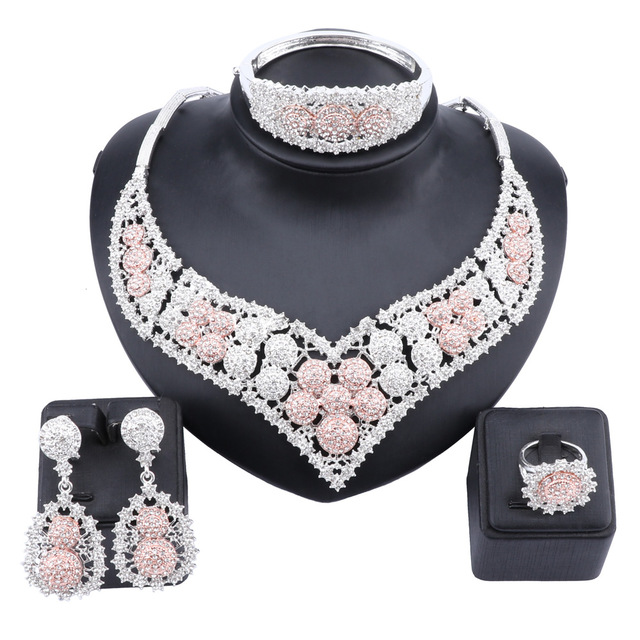

Women Party Bridal Fine Crystal Necklace Earring Jewelry Sets For Wedding Party Dinner Dress Accessories Jewelry Sets, Slivery;golden