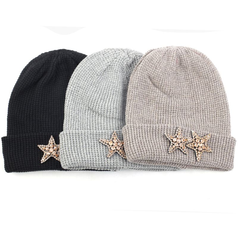 

Adult Cashmere Beanie Hat Autumn Winter Warm Skull Cap Beanies Pullover Cuff Cap With 2 Rhinestone Stars Rhinestone Accessories, Black