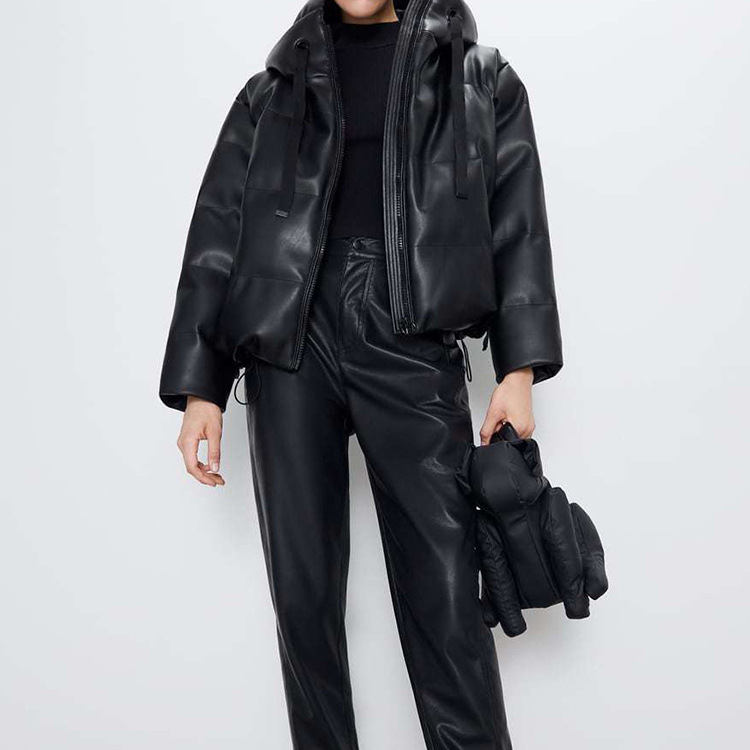 

Faux Leather Coat Winter Hooded Jacket Women Zipper Thicker Warm Parkas Outwear Female Casual Solid Short Winter Coat, Black