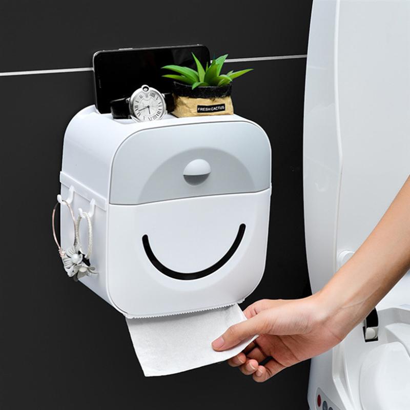 

1 Pc Double-Layer Multifunctional Tissue Box Punch-Free Bathroom Smiling Face Paper Box Tissue Shelf Bathroom Accessories