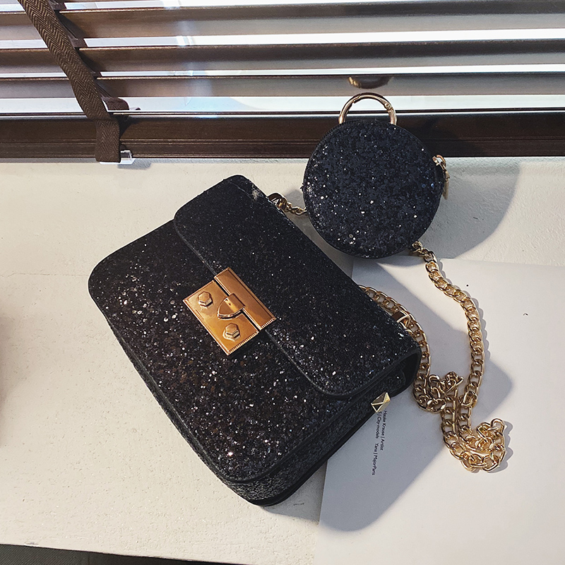 

Sequins Square Crossbody Bag 2020 Fashion New High quality PU Leather Women's Designer Handbag Lock Chain Shoulder Messenger Bag, Black