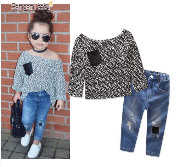 

Baby Girls Clothes Sets Autumn Casual Fashion Kids Girl Cotton Off Shoulder T-shirt+Jeans 2PCS Clothing Suits Chlidren Costumes, Kg-1