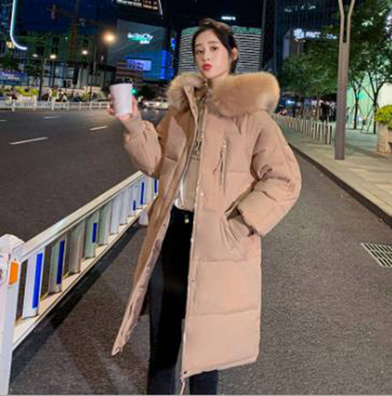 

Wholesale fashion new women's mid-length loose student bread jacket big fur collar down quilted jacket, Camel