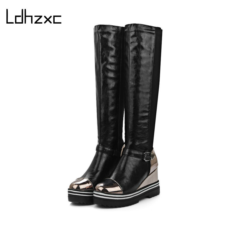 

LDHZXC Size 43 Zipper Knee High Boots Women Autumn Pu Leather Fashion White Wedges Platform Heel Woman Shoes Winter Hot Sale, Black
